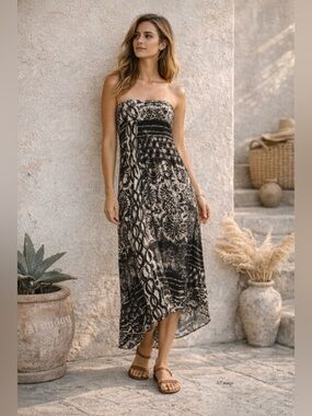 Anthropologie Maeve Strapless Maxi Dress Black White Print XS Boho Resort